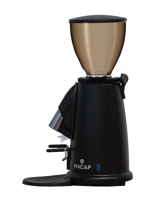 Macap M2M Stepless coffee grinder in black with tinted hopper, left side view