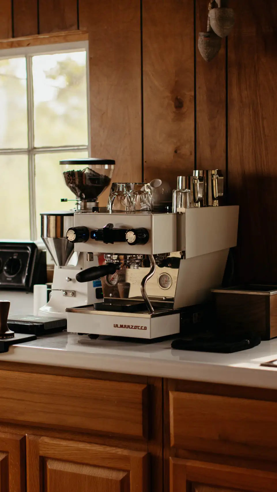 La Marzocco Linea Micra espresso machine on a home kitchen bench