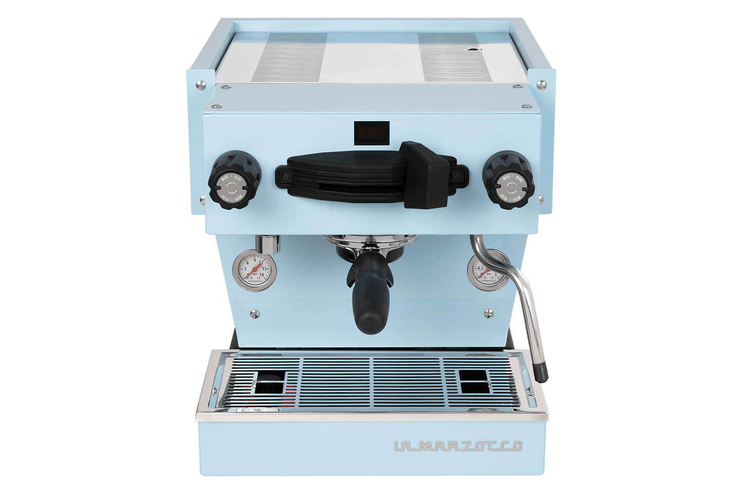 La Marzocco Linea Mini espresso machine in blue, front view