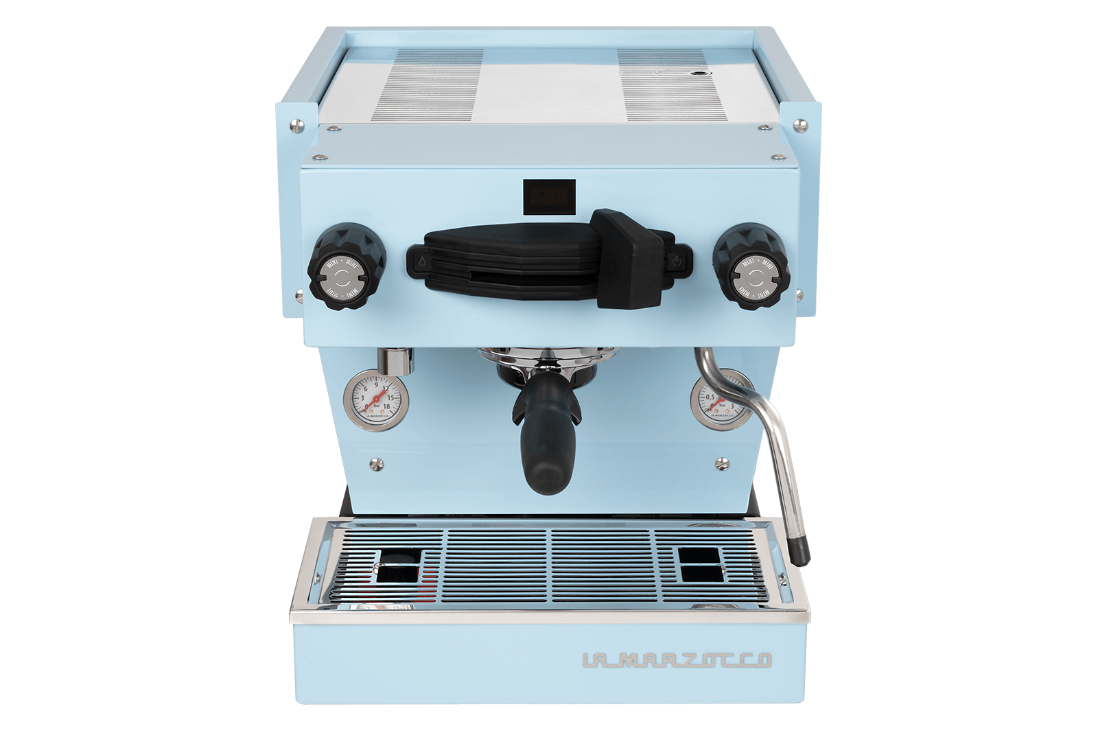 La Marzocco Linea Mini espresso machine in blue, front view
