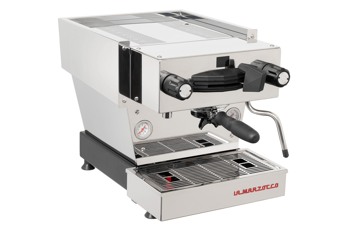 La Marzocco Linea Mini espresso machine in stainless steel, three-quarter view