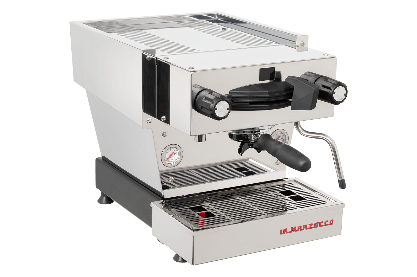 La Marzocco Linea Mini espresso machine in stainless steel, three-quarter view