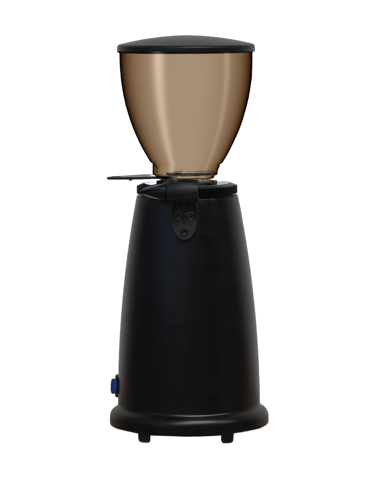 Macap M2M Stepless coffee grinder in black with tinted hopper, rear view