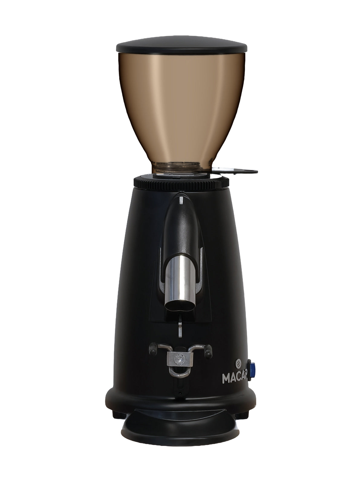 Macap M2M Stepless coffee grinder in black with tinted hopper, front view