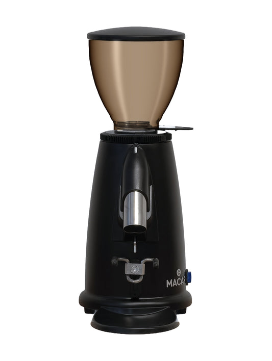 Macap M2M Stepless coffee grinder in black with tinted hopper, front view
