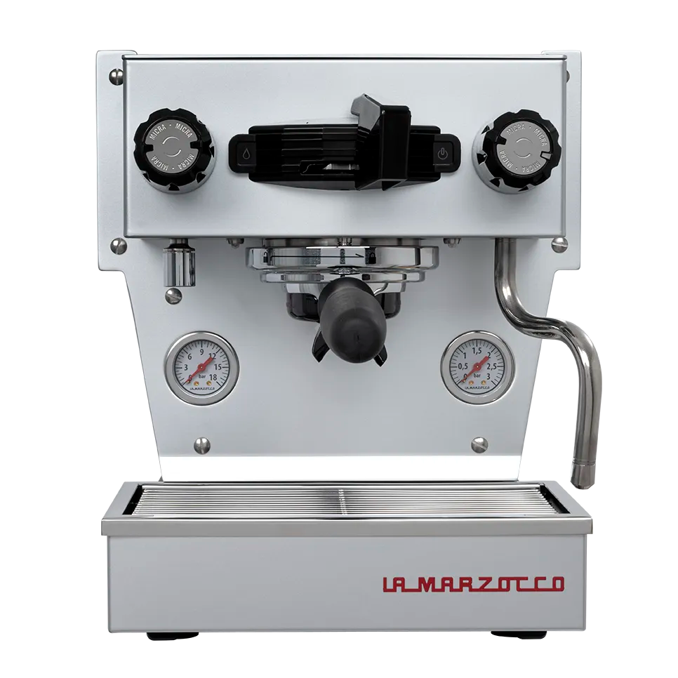 La Marzocco Linea Micra espresso machine in silver satin, front view