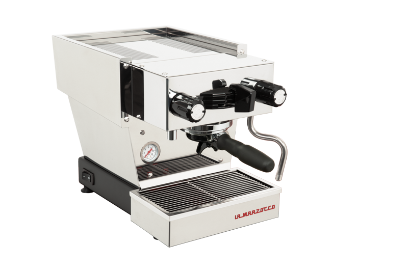 La Marzocco Linea Micra espresso machine in stainless steel, three-quarter front view