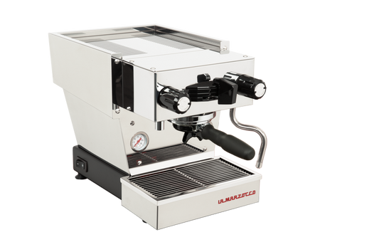 La Marzocco Linea Micra espresso machine in stainless steel, three-quarter front view