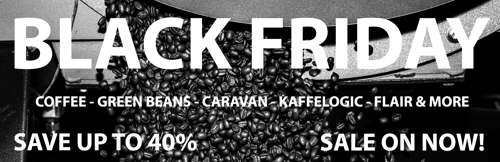 Black Friday sale banner with coffee beans and text on a black background